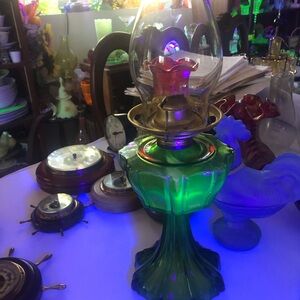 Vintage Green uranium Glass Oil Lamp